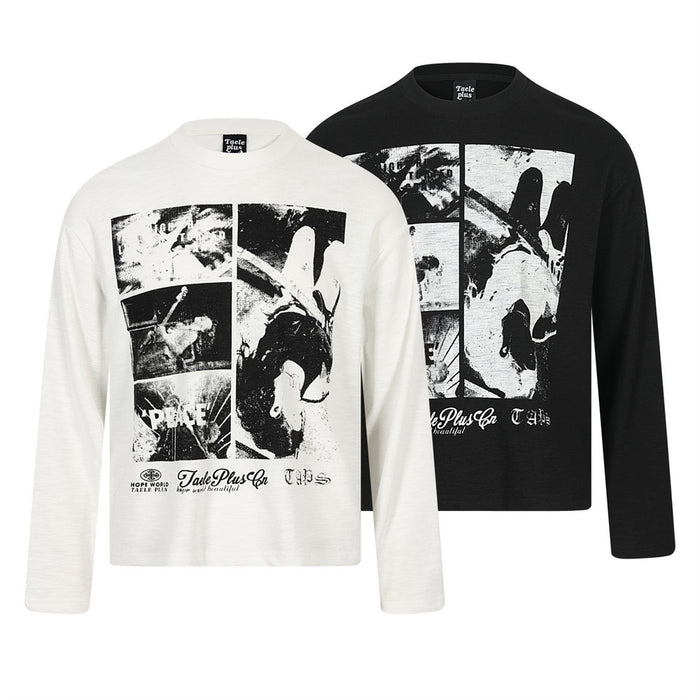 Black and white long sleeve graphic T-shirt shown in front and back views