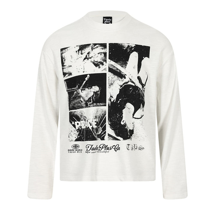 White long sleeve graphic T-shirt front view with black collage print