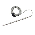 Meat cooking probe with long gray coiled cable and stainless steel sensing tip