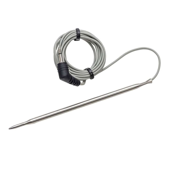 Meat cooking probe with long gray coiled cable and stainless steel sensing tip