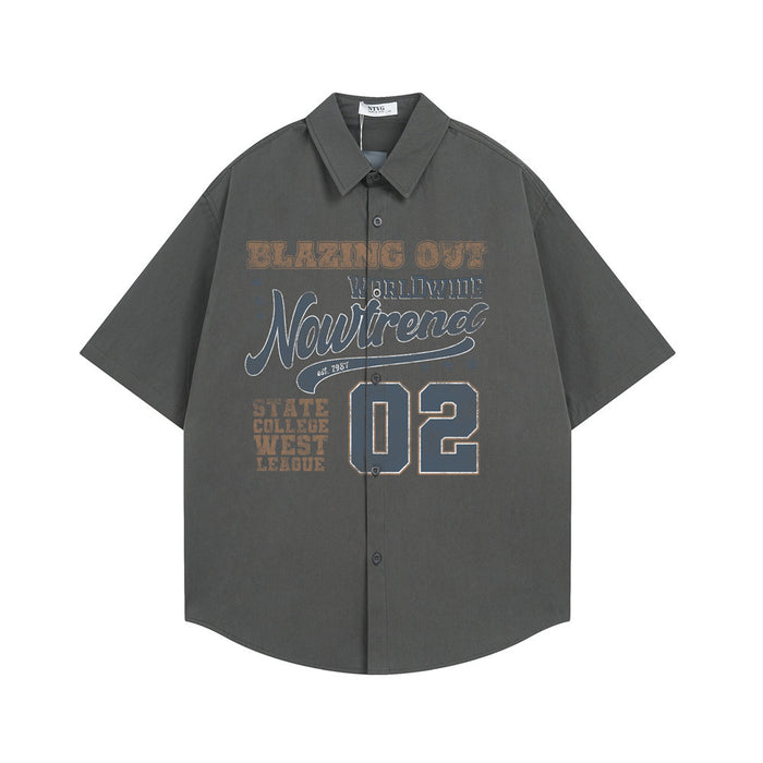 Dark gray short sleeve button-down shirt with American varsity graphic on the front