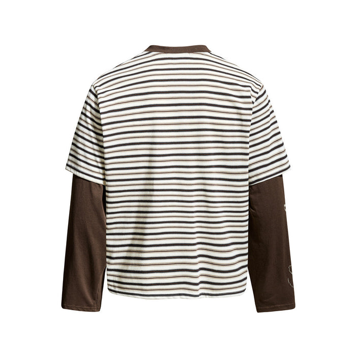 Cream striped Henley t-shirt with brown long sleeves, back view