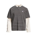 Black striped Henley t-shirt with cream long sleeves, front view