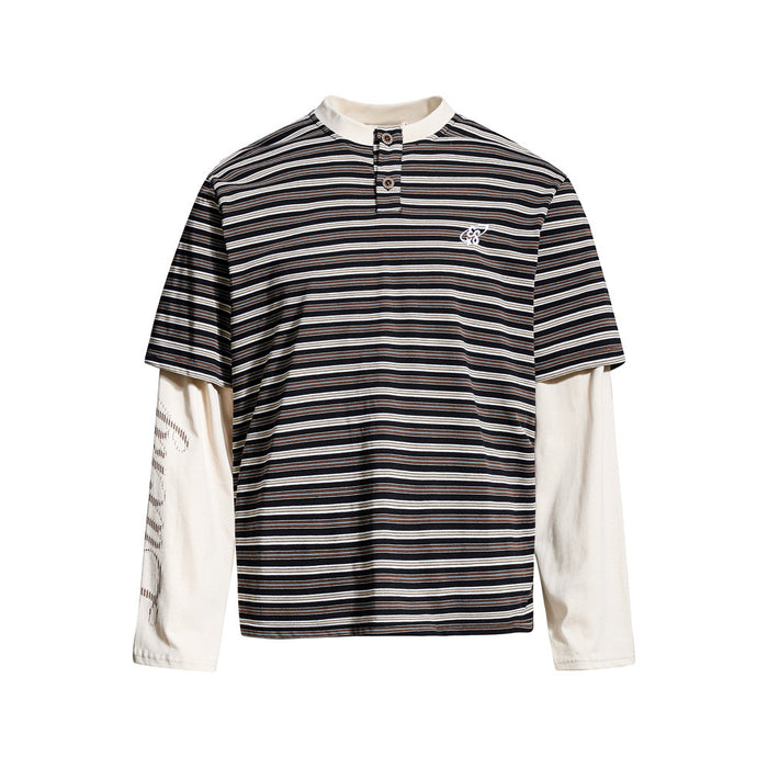 Black striped Henley t-shirt with cream long sleeves, front view