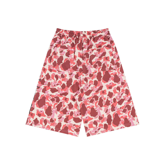 Pink camouflage wide-leg shorts with back view and two patch pockets