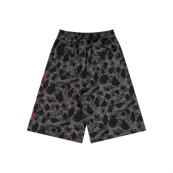 Black and gray camouflage wide-leg shorts, back view with two patch pockets