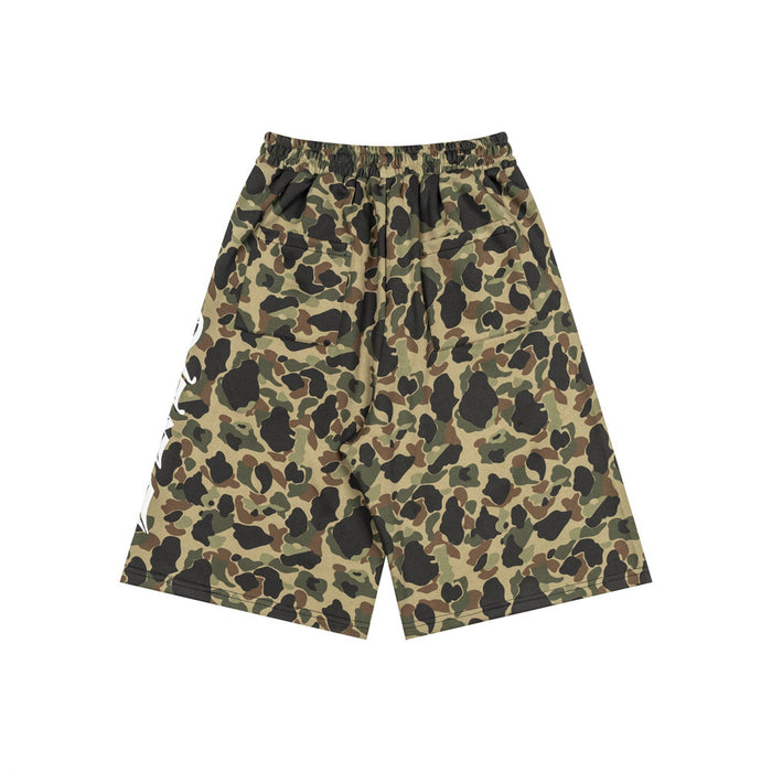Olive camouflage wide-leg shorts, back view with two patch pockets