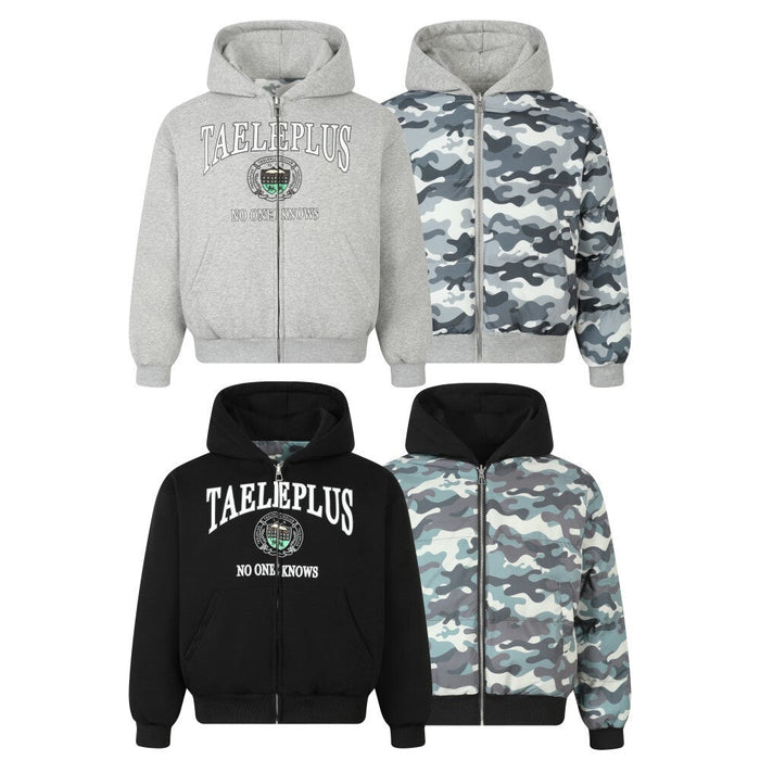TAELEPLUS reversible hoodie jacket shown in grey and black colourways with varsity logo front and grey camo reverse side