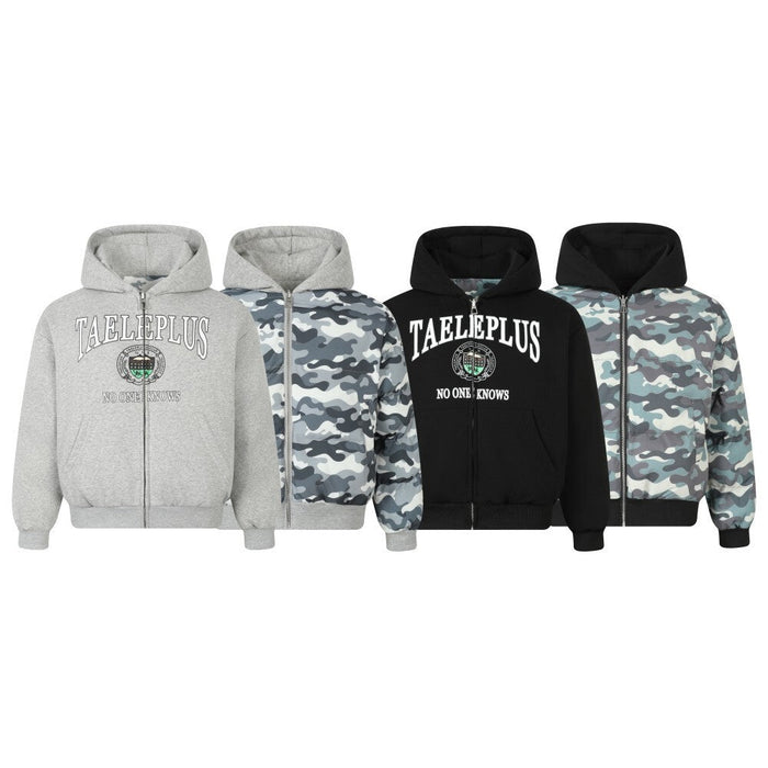Four views of reversible hoodie jacket in gray, black, and blue camo with TAELEPLUS logo