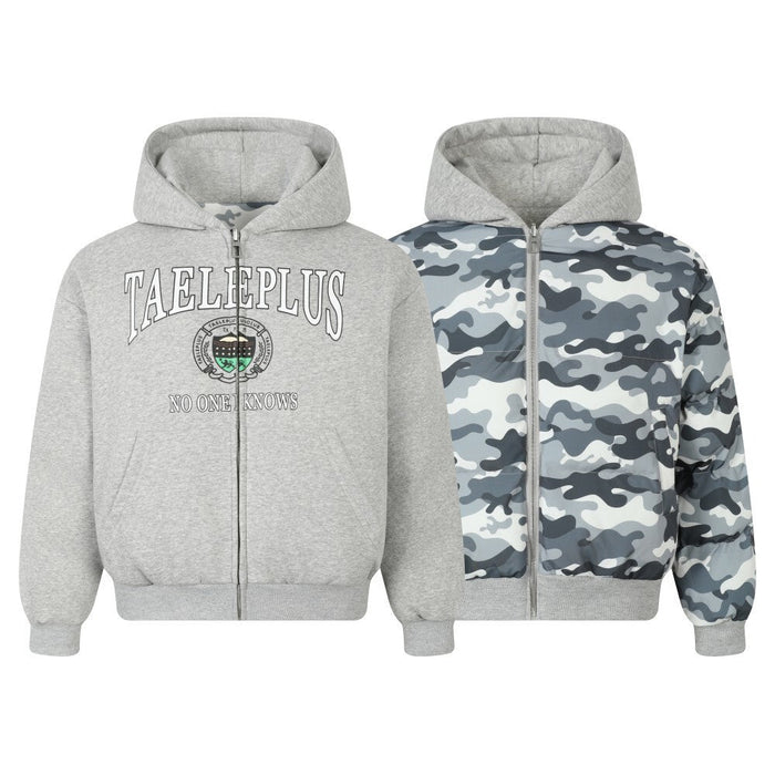 Front and back views of gray reversible hoodie jacket with blue camo side
