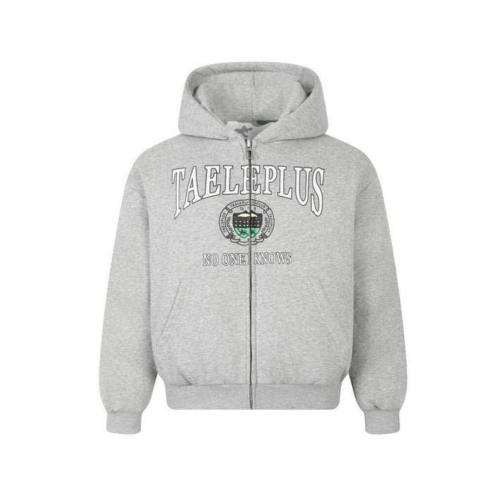 Front view of gray zip-up hoodie jacket with TAELEPLUS logo on chest