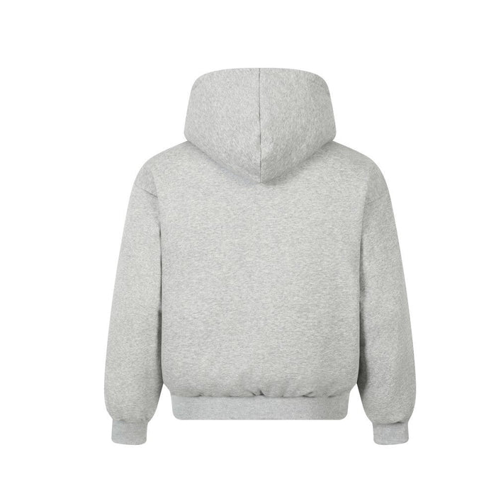 Back view of plain gray hoodie jacket with hood and ribbed hem