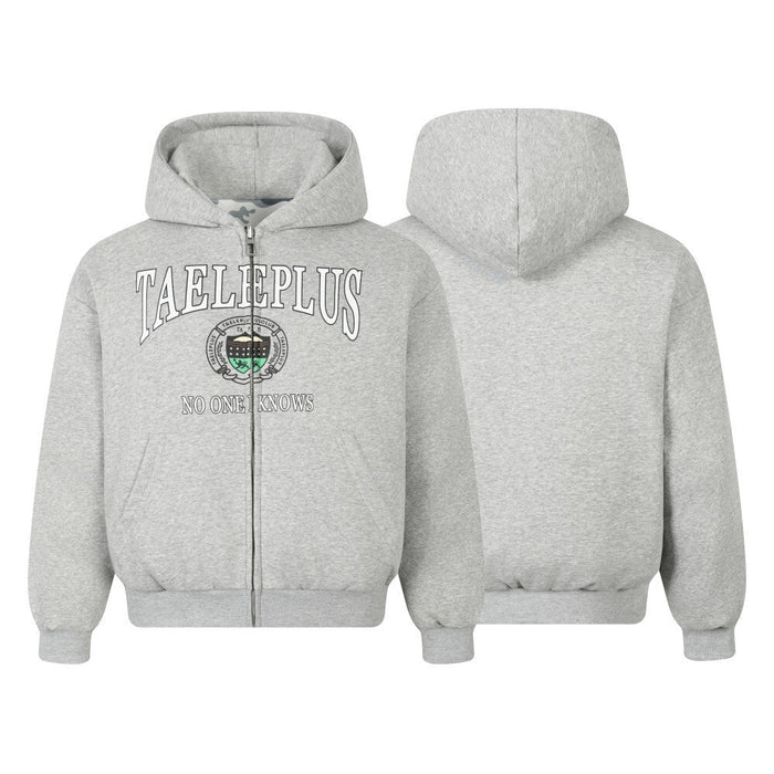 Front and back views of gray hoodie jacket, one side logo print and one plain