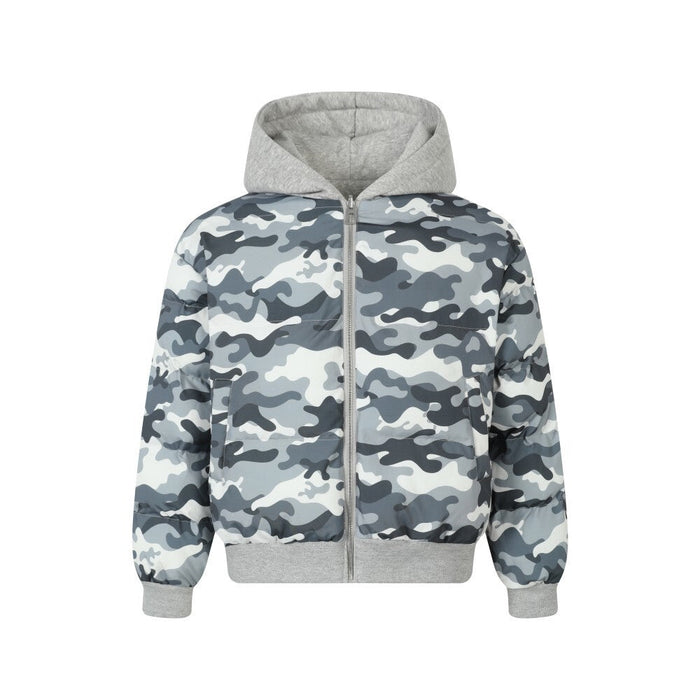 Front view of blue gray white camouflage zip-up hoodie jacket with gray hood