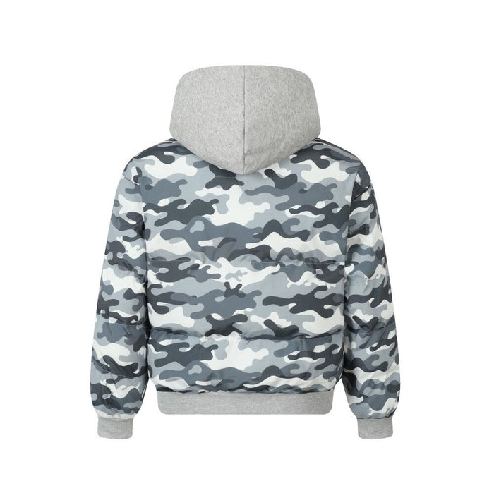 Back view of blue gray white camouflage hoodie jacket with gray hood