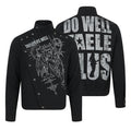 Men's black gothic short jacket with diagonal snap-button placket, angel graphic print on front and distressed lettering on b