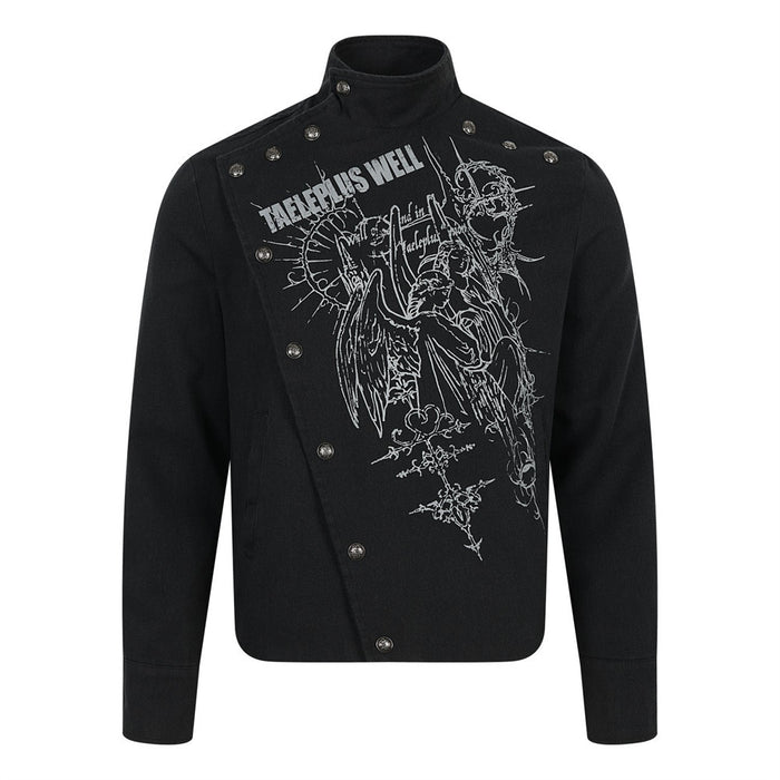 Black gothic short jacket with diagonal snap front, stand collar, and angel graphic on the chest