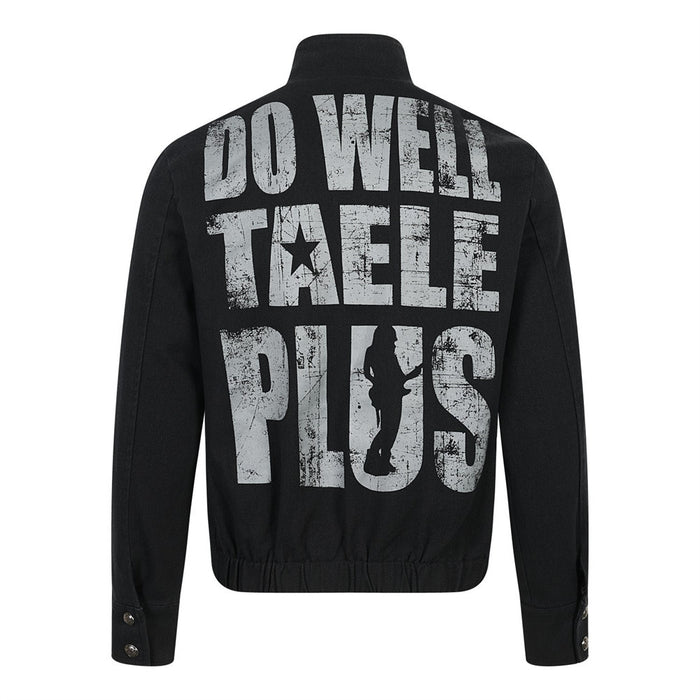 Back of black short jacket with large distressed white DO WELL TAELE PLUS lettering