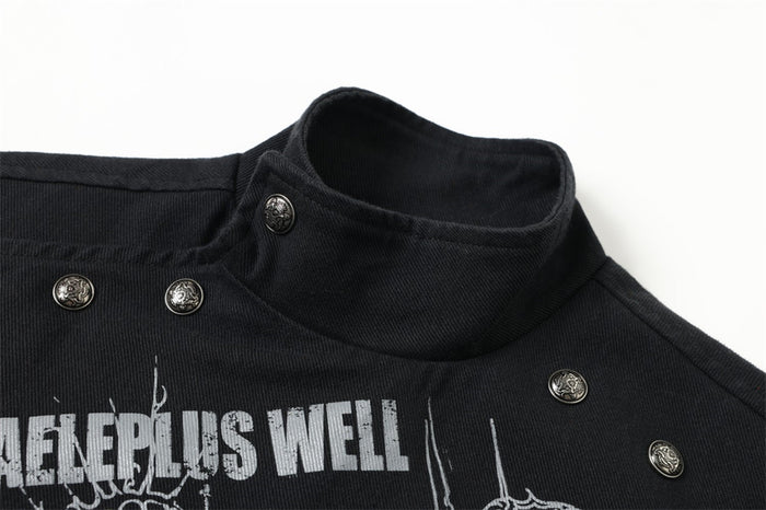 Close-up of black stand collar and shoulder snaps with white chest graphic lettering