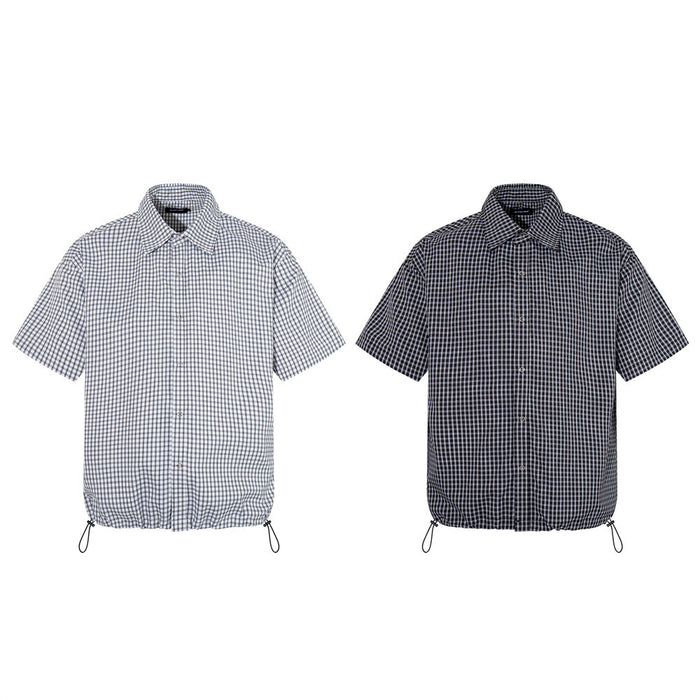 Men's short sleeve plaid shirt shown in black and light gray colorways with drawstring hem