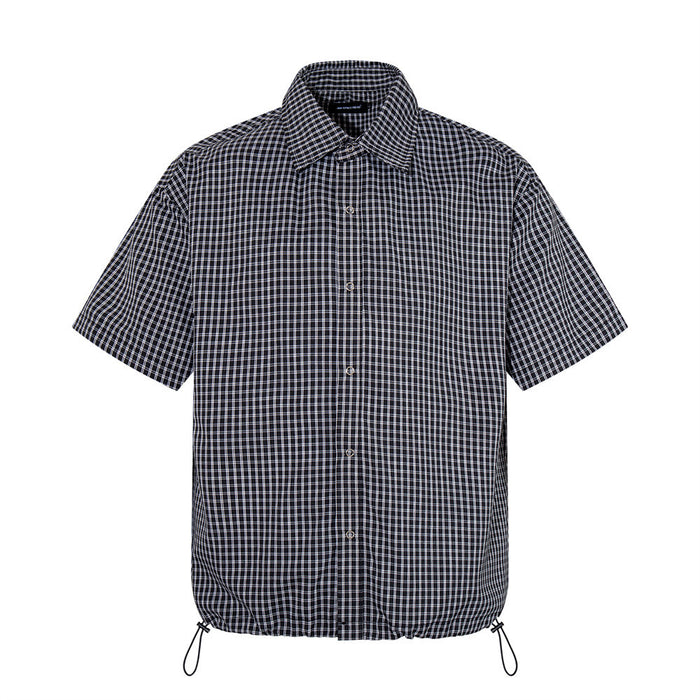 Men's oversized plaid short sleeve shirt with adjustable drawstring hem in dark navy gingham check pattern