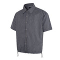 Black plaid short sleeve button-up shirt with drawstring hem, front view