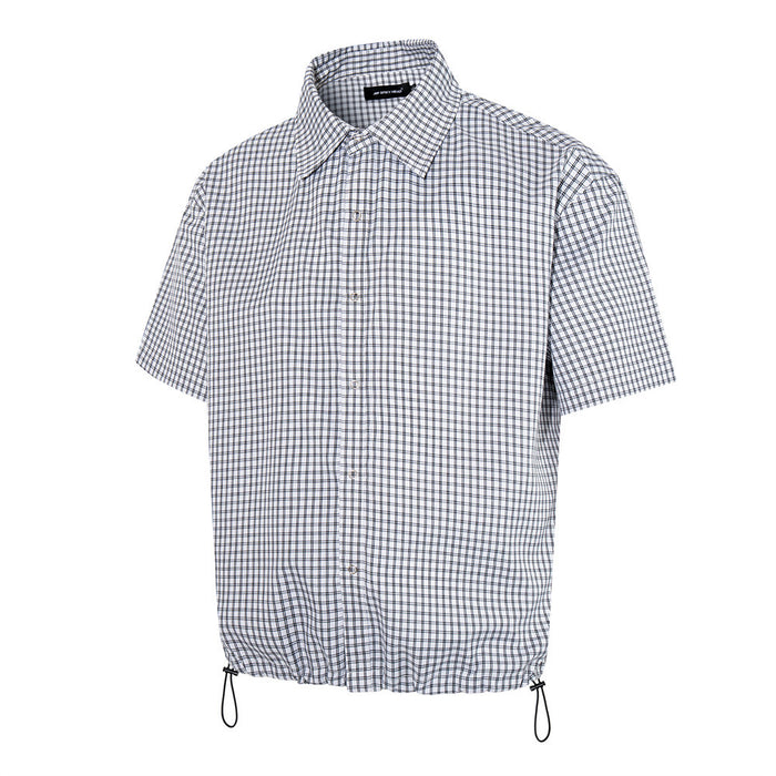 Light gray plaid short sleeve shirt, angled front view with curved hem drawstrings