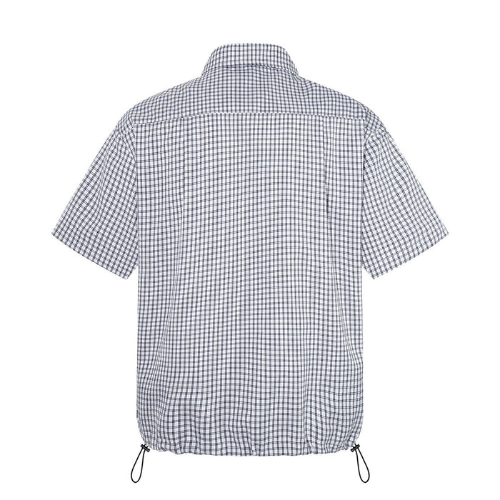 Light gray plaid short sleeve shirt, back view with adjustable drawstring hem