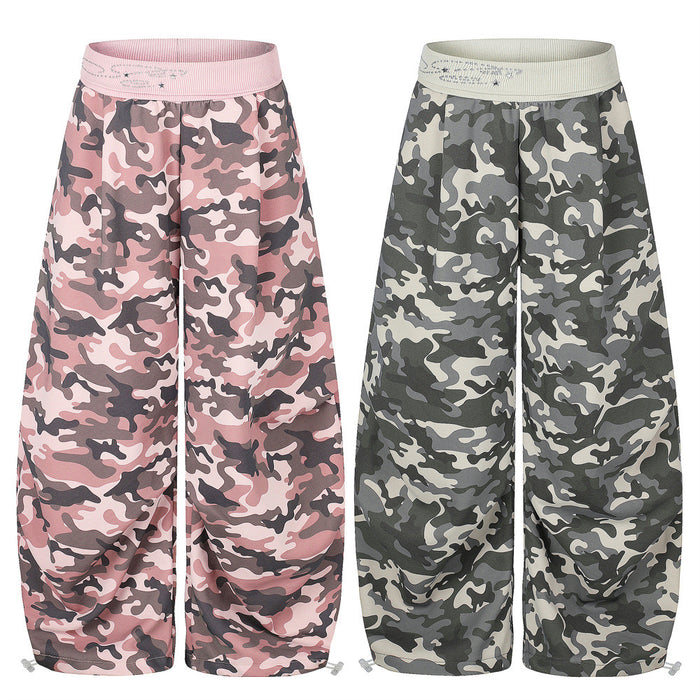 Two pairs of wide-leg camo pants with elastic waistbands, one pink and one gray, front view