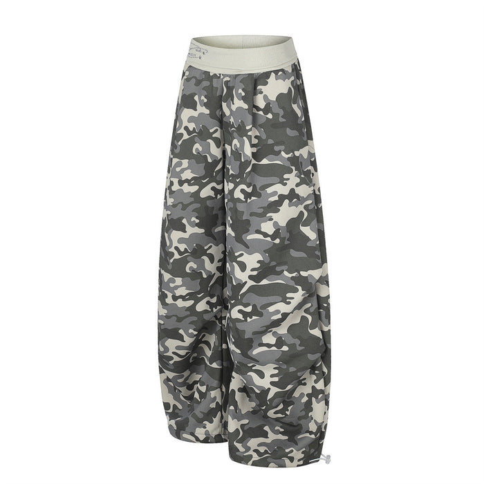 Gray camouflage wide-leg pants with a light elastic waistband, front view