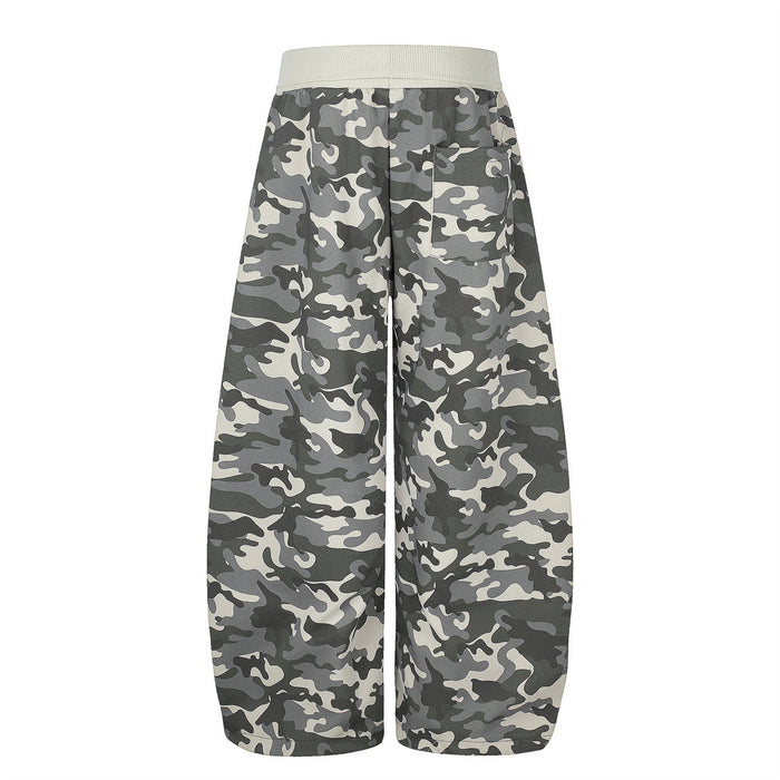 Gray camouflage wide-leg pants with back patch pocket, rear view