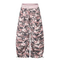 Pink camouflage wide-leg pants with light elastic waistband, front view