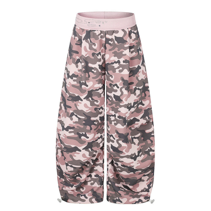 Pink camouflage wide-leg pants with light elastic waistband, front view