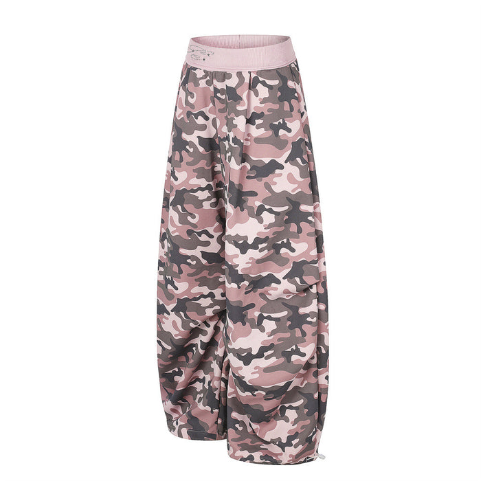 Pink camouflage wide-leg pants, angled side view