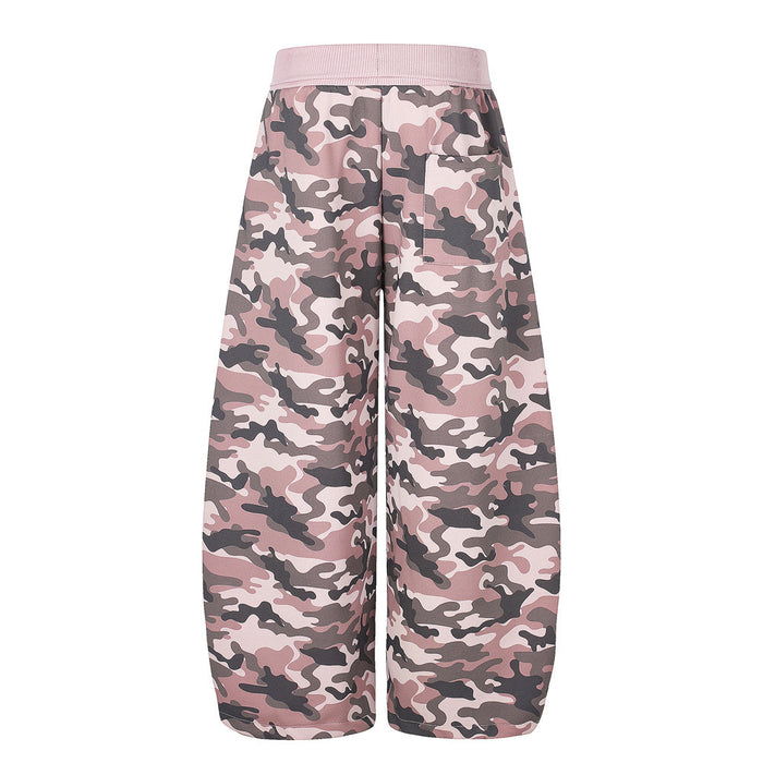 Pink camouflage wide-leg pants with back pocket, rear view
