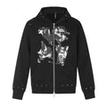 Black zip-up hoodie front view with abstract white graphic print, studded hood and distressed hems