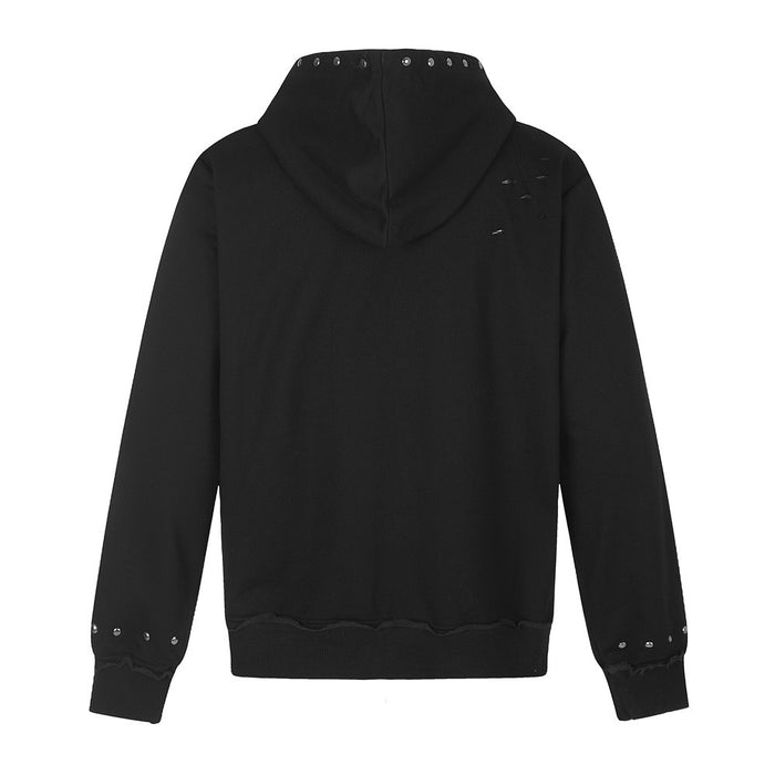 Black hoodie back view with studded hood, subtle distressing and ribbed cuffs