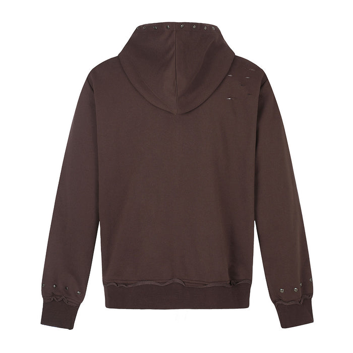 Brown hoodie back view with studded hood and small distressed holes on the upper back