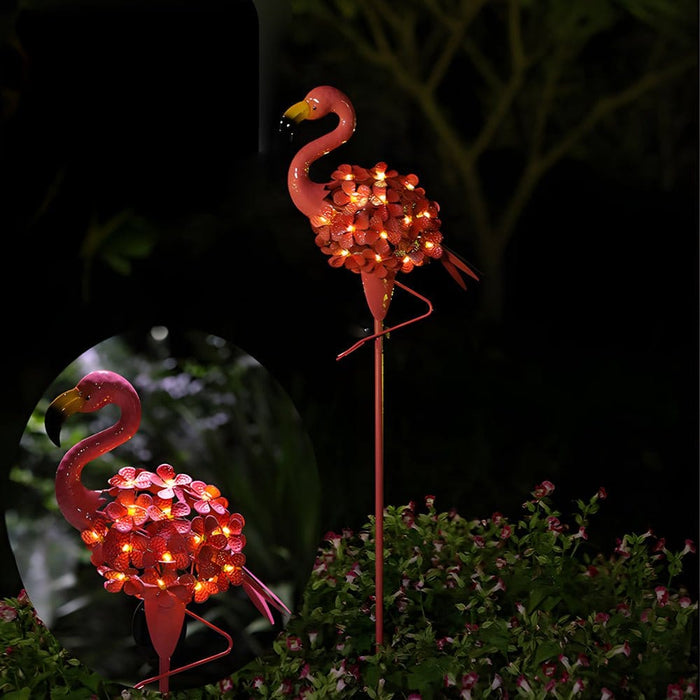 Metal Flamingo Solar Stake LED Lights Pink 30-LED Warm White Dusk-to-Dawn Outdoor Garden Lawn Path 2-Pack | NordaLight