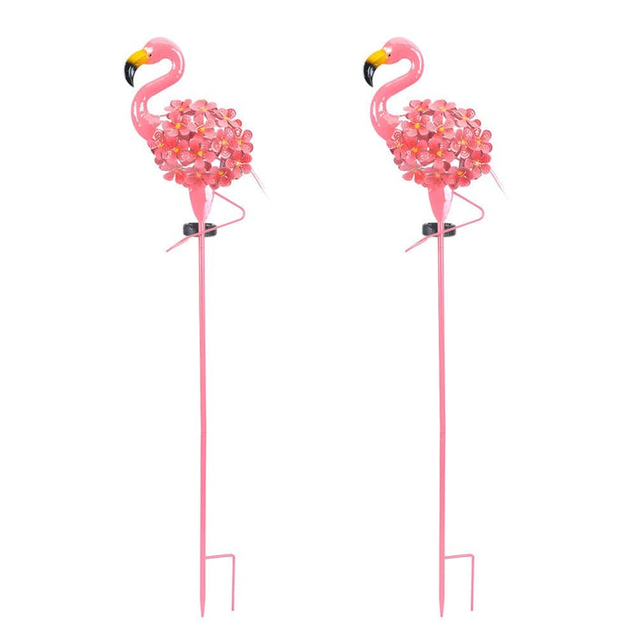 Metal Flamingo Solar Stake LED Lights Pink 30-LED Warm White Dusk-to-Dawn Outdoor Garden Lawn Path 2-Pack | NordaLight