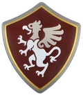 Minifigure, Shield Quadrilateral with White and Silver Griffin on Dark Red Background with Gold Border Pattern