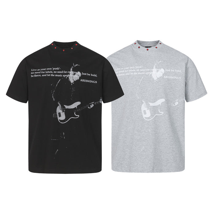 Black and gray punk guitarist graphic T-shirts with red studded collars and oversized music-inspired print
