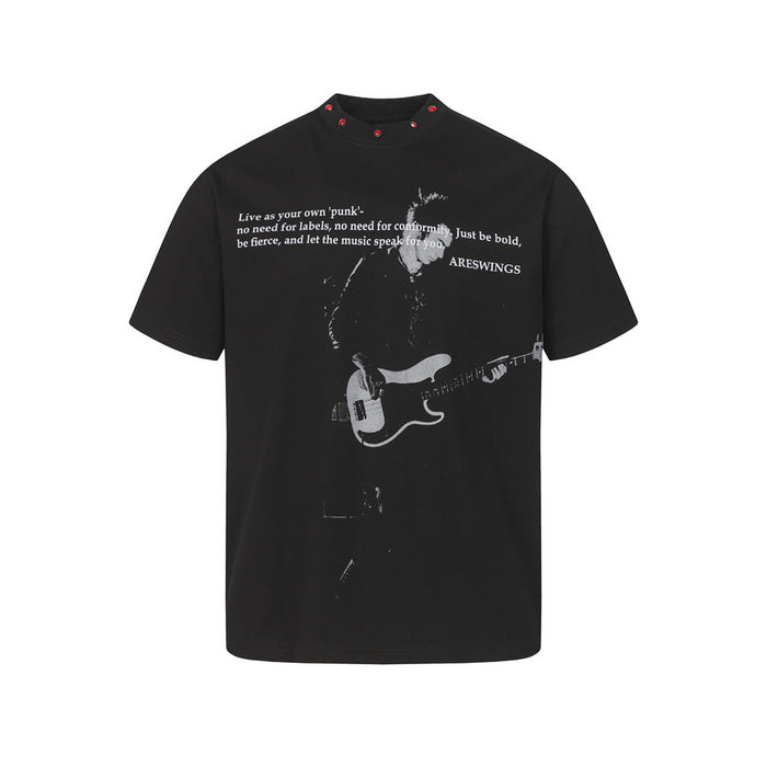 ARESWINGS punk guitarist graphic oversized t-shirt with red studded neckline in black colorway