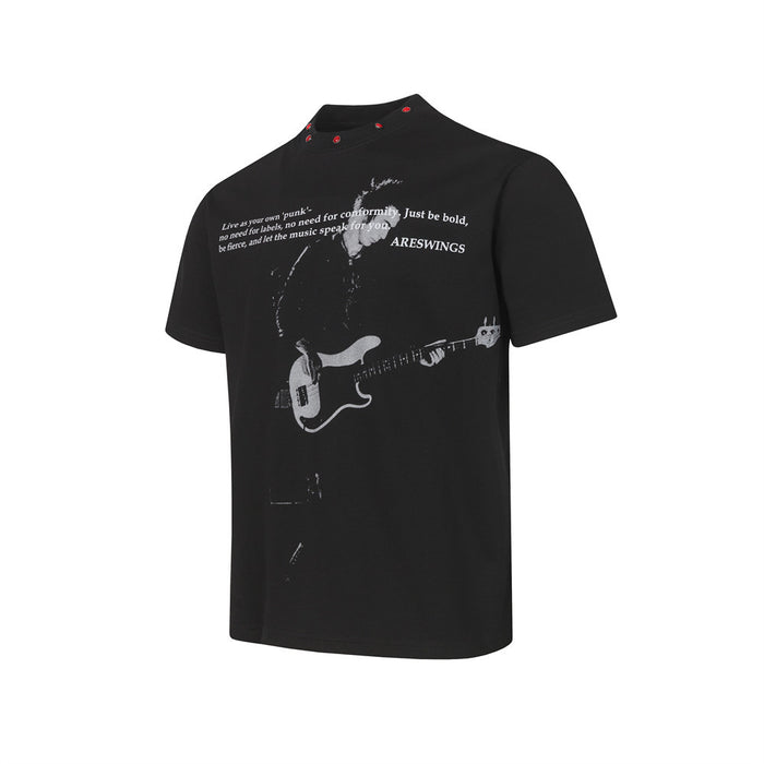 Black ARESWINGS punk graphic T-shirt with a guitarist print and red studded collar neckline