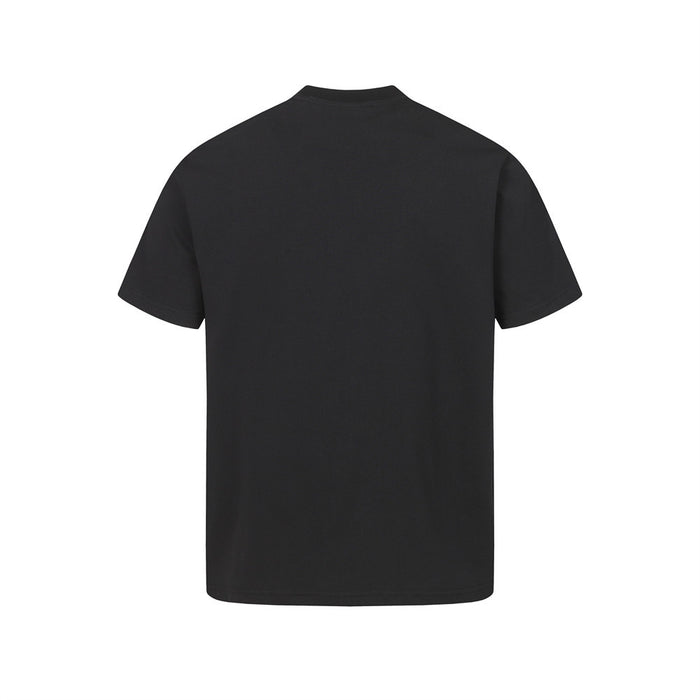 Black short-sleeve punk guitarist graphic T-shirt with a plain back view and crew neckline