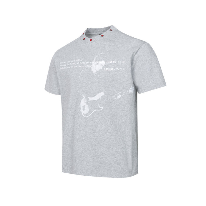Light gray graphic T-shirt with punk guitarist print and red studded collar detail