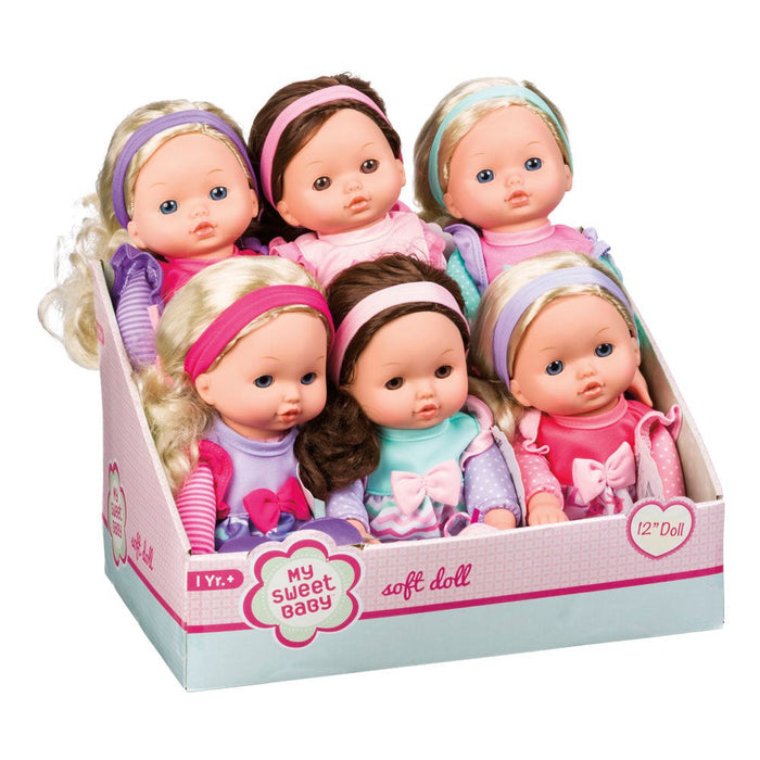 A display box of six My Sweet Baby 12in Soft Dolls, each with different hair colors, pastel outfits, bows, and headbands by My Sweet Baby—arranged in two rows for delightful pretend play.