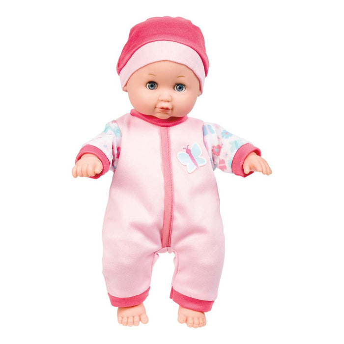 The My Sweet Baby Dlx Baby Ensemble by My Sweet Baby features a baby doll in a pink onesie with floral sleeves, butterfly patch, matching hat, and blue eyes. Ideal for pretend play, the doll stands with arms slightly extended.