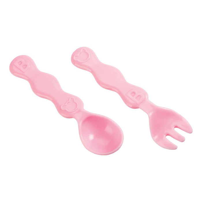 The My Sweet Baby Dlx Baby Ensemble by My Sweet Baby includes a pink plastic spoon and fork with wavy, easy-grip handles, raised icons, and letters—perfect toy accessories for pretend play or any baby doll set.