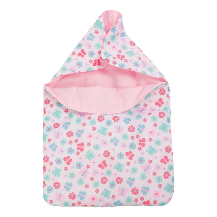 The My Sweet Baby Dlx Baby Ensemble by My Sweet Baby features a pink hooded swaddle blanket decorated with vibrant flowers, butterflies, and cherries in green, blue, and red—ideal for pretend play or as part of a baby doll set.
